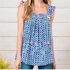 Matilda Jane Wandering Waters Tank Blouse Blue Flowy‎ Tassel Boho Tunic Top MED